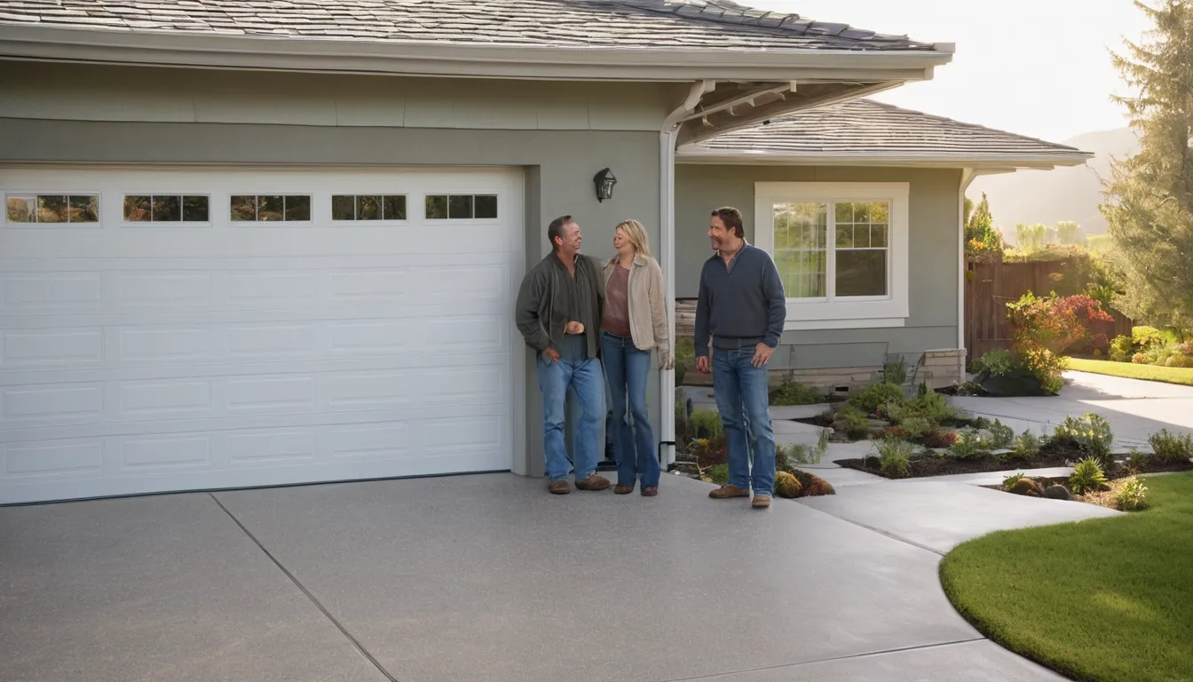 A friendly provider and homeowner admiring a newly installed garage door at a house in Avon